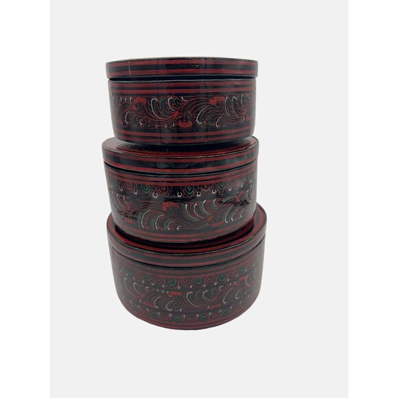 3 Handcrafted Round Lacquerware Nesting Storage Boxes Red & Black Patterns - Picture 1 of 7